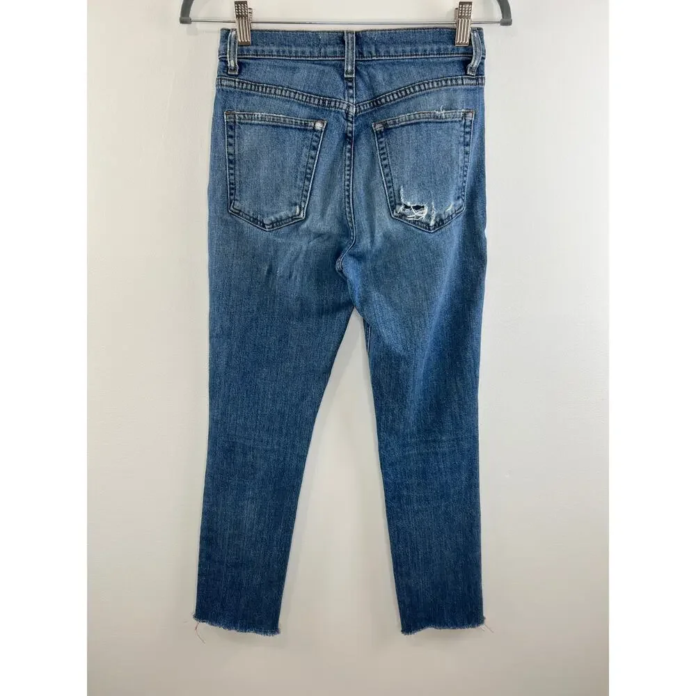 REFORMATION Blue Kasai Wash Mid-Rise Raw Hem Slim Denim Jeans Size 26